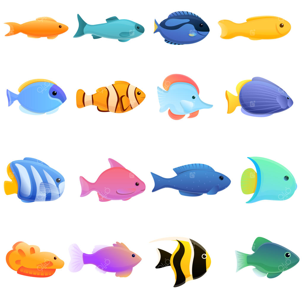 مجموعه آیکون‌های ماهی‌شناسی به سبک کارتونی