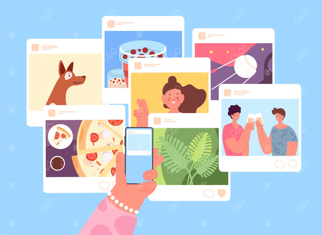 مفهوم رسانه‌های اجتماعی: گوشی هوشمند در دست، عکاسی مجازی و لایک‌ عکس‌ها در اینترنت، مفهوم تصویری وکتوری
