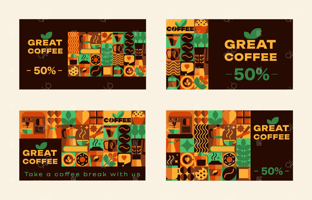 کارت‌های قهوه باوهاوس با الگوهای یکپارچه، آیکون‌ها، نمادهای انتزاعی و طراحی هندسی لوگو و متن