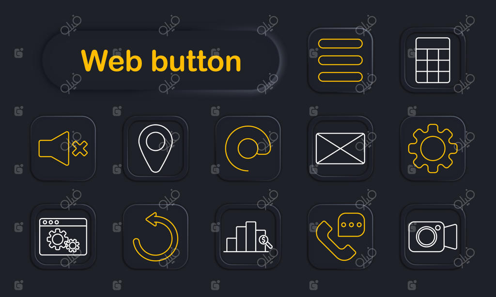 مجموعه آیکون و دکمه‌های رابط کاربری وب شامل بی‌صدا، مکان، منو، ایمیل، تنظیمات، بارگذاری مجدد، نمودار، تحلیل، تلفن، دوربین، ناوبری، ارتباطات و پیکربندی داده‌ها