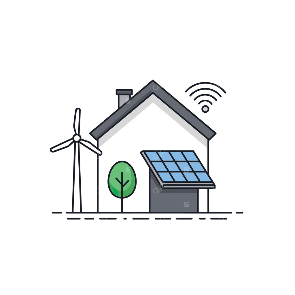 تصویری از یک خانه با پنل‌های خورشیدی و توربین‌های بادی