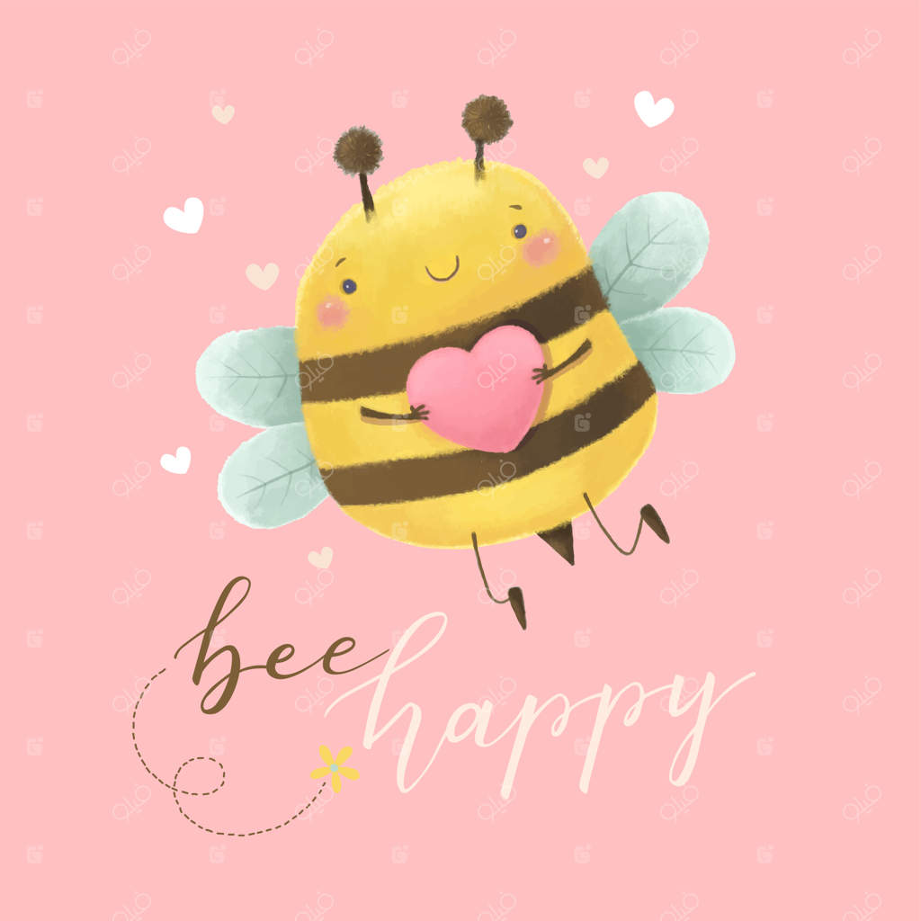 زنبور بامزه با قلب صورتی و نوشته "شاد باش" روی زمینه صورتی. کارت روز ولنتاین.