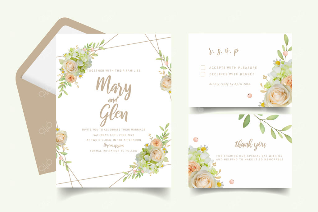 دعوتنامه عروسی با طرح گل‌های رز و هورتانسیا