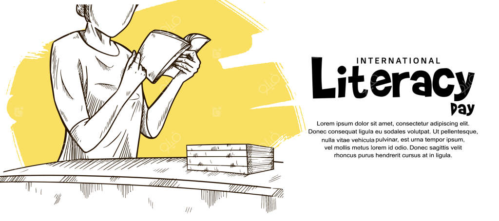 روز جهانی سوادآموزی با تصویر زنی که کتاب می‌خواند و پس‌زمینه‌ سفید با طرح زرد برس