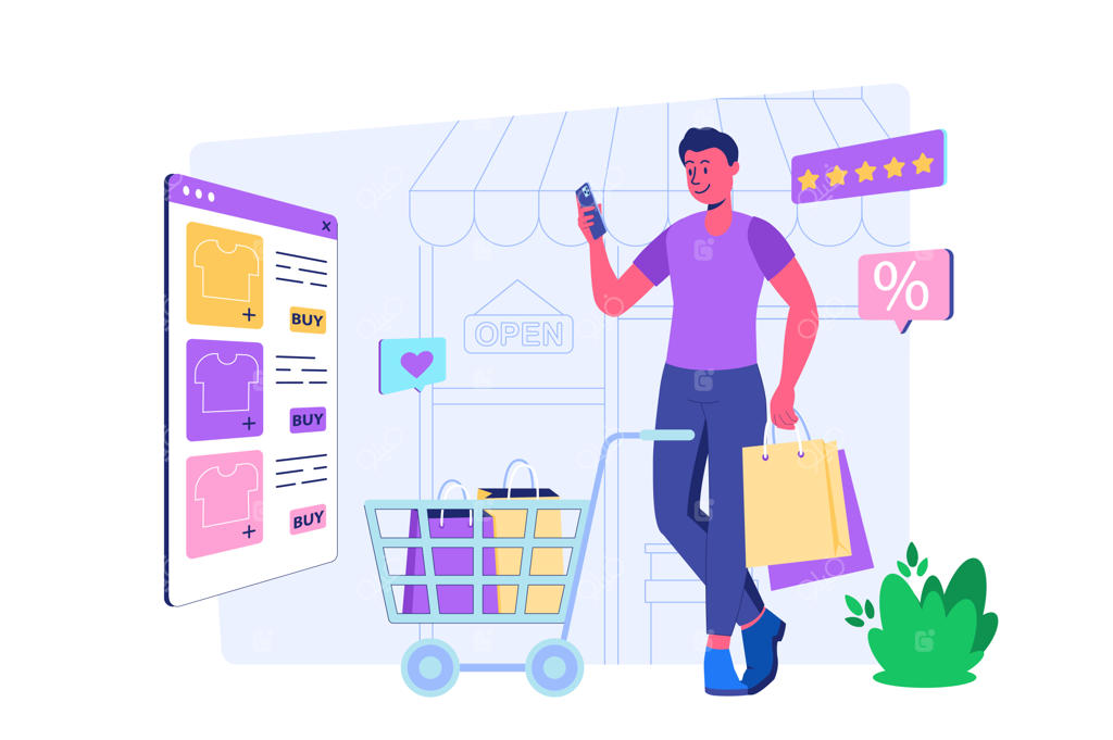 مفهوم تجارت موبایلی با صحنه‌ای از افراد: خرید آنلاین، انتخاب محصولات جدید و پرداخت از طریق اپلیکیشن موبایل - طراحی وکتور به سبک فلت