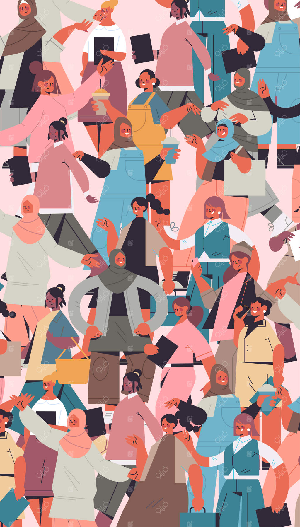 دختران نژاد مخلوط از ملیت‌ها و فرهنگ‌های مختلف در کنار هم، جنبش قدرت زنان، اتحاد فمینیست‌ها - تصویر عمودی وکتور