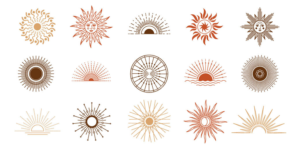 خط غروب و طلوع خورشید با اشعه‌ها، عناصر طراحی لوگو. نمادهای آسمانی برای مدیتیشن و یوگا. مجموعه‌ای از خورشید مرموز و بوهویی با صورت در طرح‌های وکتوری