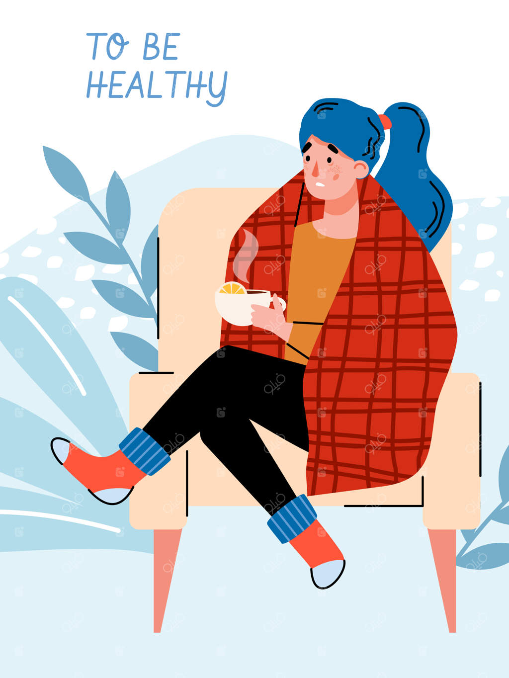 پوستر یا بنر: زن بیمار در لباس گرم در حال نوشیدن چای داغ با لیمو