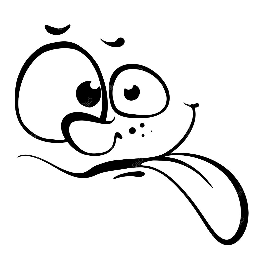 طراحی خطی سیاه و سفید چهره‌ای بامزه با خنده‌ای دیوانه‌وار و چشمانی شاد