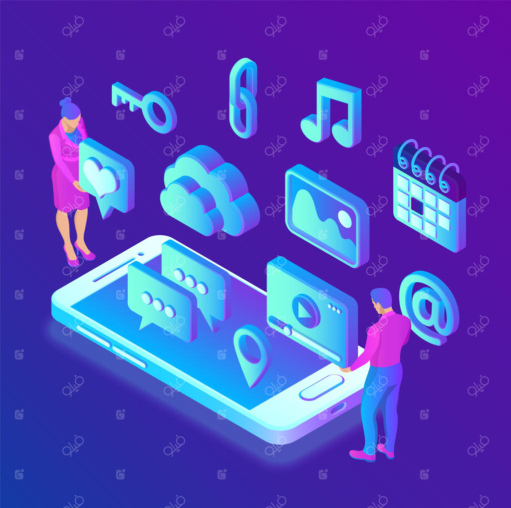 برنامه‌های شبکه‌های اجتماعی بر روی گوشی هوشمند؛ آیکون‌های سه‌بعدی ایزومتریک شبکه‌های اجتماعی و اپلیکیشن‌های موبایل.