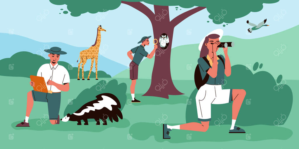 اكتشاف حیات وحش: گروهی از جانورشناسان در حال مطالعه‌ی زندگی جانوران جنوب - تصویرسازی وکتور روی زمینه‌ی صاف رنگی