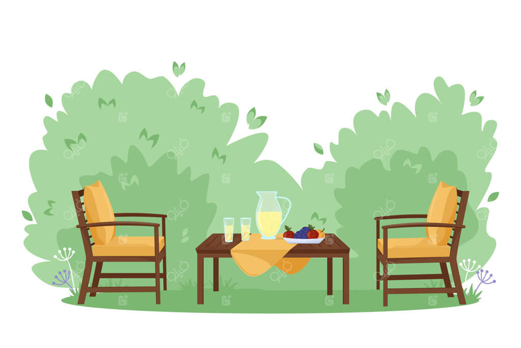 تصویرسازی مسطح از فضای پاسیو. حیاط پشتی خانه با چمن سبز، درختان و بوته‌ها. میز و صندلی‌های کارتونی با مبلمان مدرن باغ. حیاط مبله شده برای مهمانی‌های تابستانی BBQ در فضای باز.