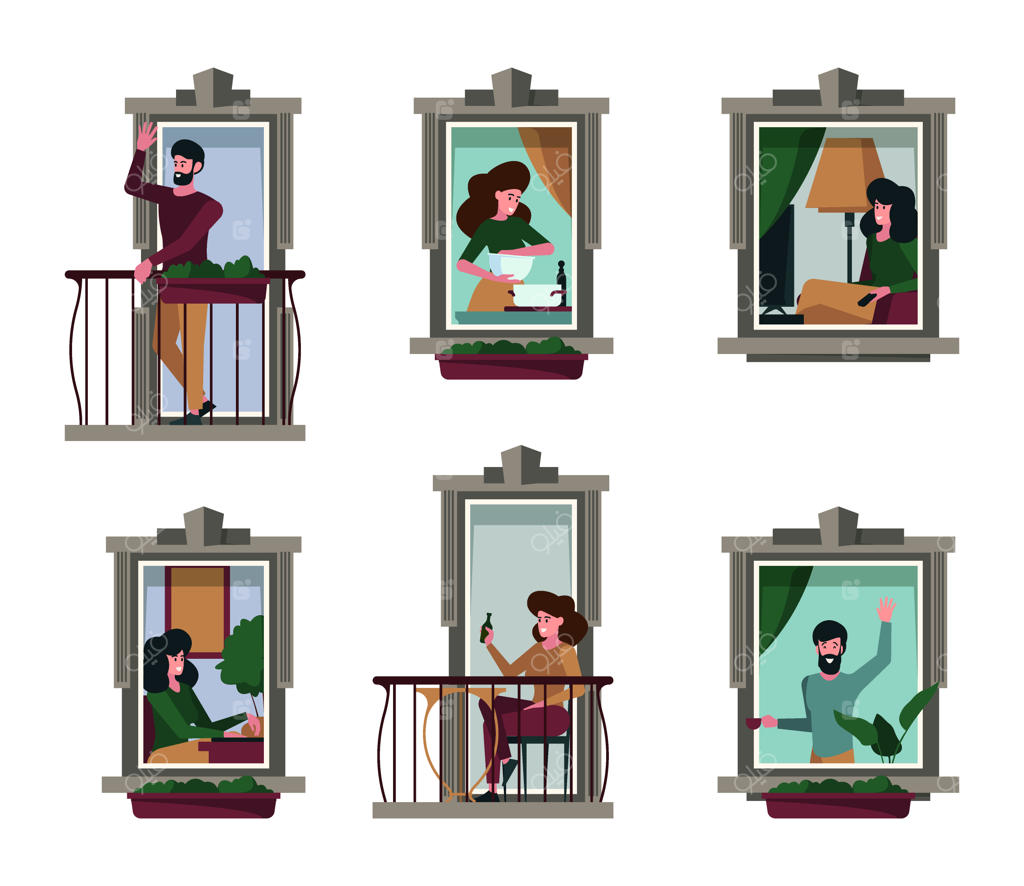 شخصیت‌های پنجره: مردم در بالکن و قاب‌های پنجره، فعالیت‌های همسایگی، گفتگوهای افراد، آپارتمان‌ها، نمای بیرونی ساختمان، قالب‌های وکتوری چشم‌نواز