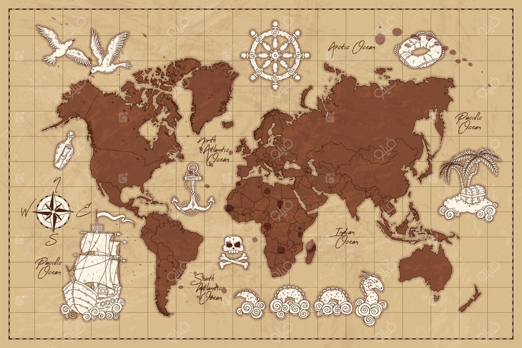 طرح دستی نقشه جهان به سبک قدیمی