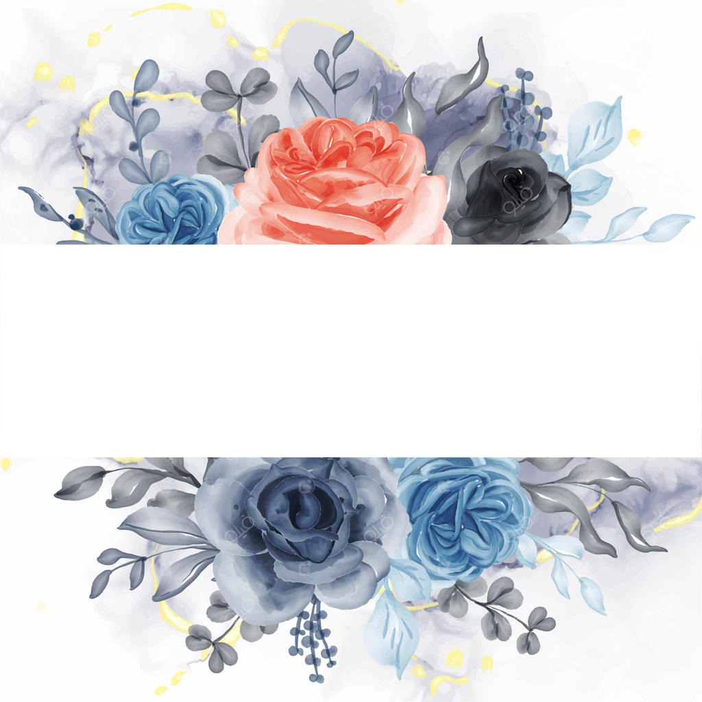 پس‌زمینه قاب آبی-نارنجی گل رز زیبا با فضای سفید