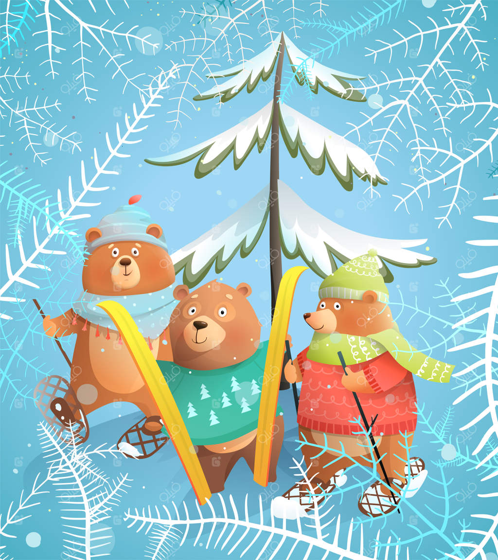خرس‌ها برای تعطیلات کریسمس به اسکی در جنگل زمستانی می‌روند، کارت پستال یا کارت تبریک. خرس‌هایی که ژاکت و شال گردن پوشیده‌اند و اسکی می‌کنند، تصویرسازی شخصیت برای کودکان. کارتون به سبک آبرنگ.