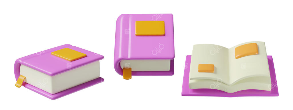 کتاب‌ها با جلد بنفش: مجموعه‌ای شامل کتاب‌های باز و بسته برای دانش‌آموزان یا فرهنگ لغت‌ها