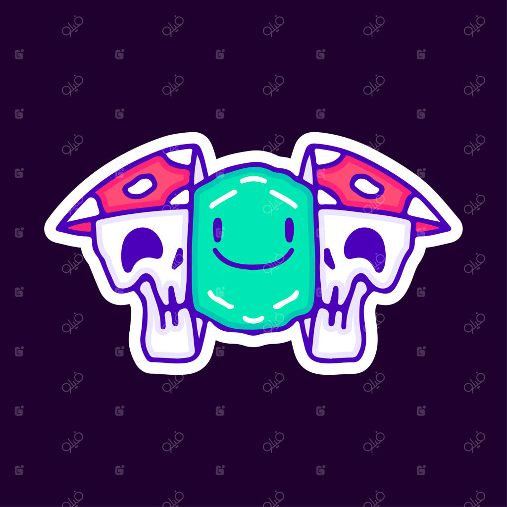 نیمه‌های قارچی جمجمه با چمن درون آن، طراحی برای تیشرت و برچسب