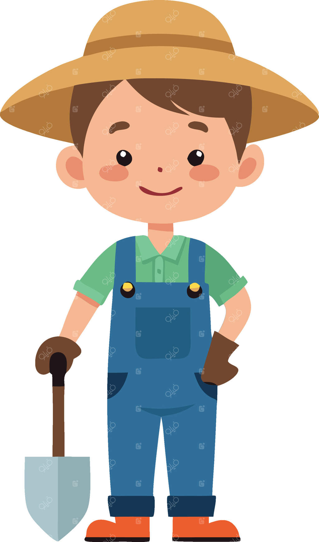 پسر کشاورز کارتونی با کلاه و شنل، در حال نگه‌داشتن بیل - طراحی حرفه‌ای بر روی پس‌زمینه سفید