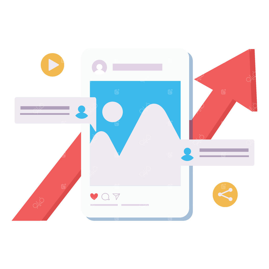 یک گوشی هوشمند با آیکون‌های تعامل و یک فلش قرمز، افزایش تعاملات آنلاین را نشان می‌دهد.