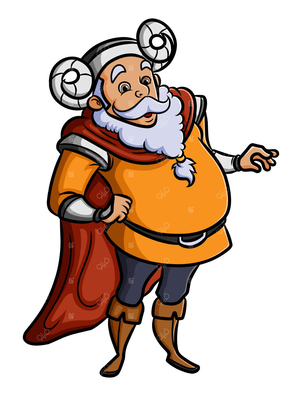 وایکینگ پیر و ریش‌دار، ایستاده و خوشحال است