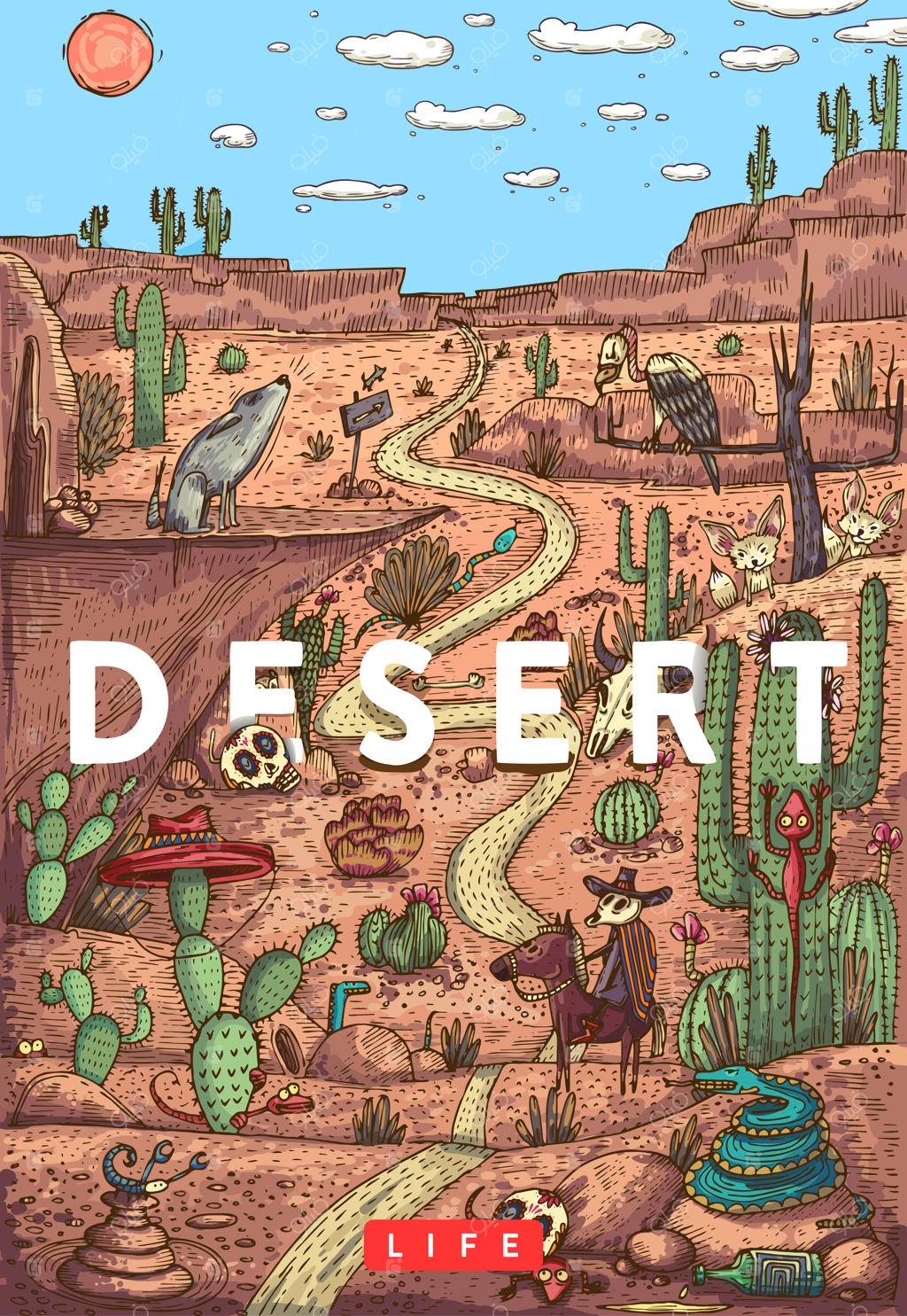 تصویر برداری دقیق و رنگارنگ: حیات وحش در صحرا با حیوانات، پرندگان و گیاهان