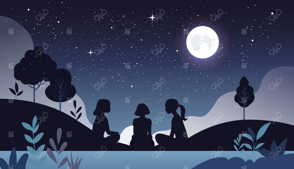 سایه‌های سه دختر در حال گفت‌وگو زیر نور ماه. دوستان شاد در شب در طبیعت نشسته‌اند. تصویری از دوستی