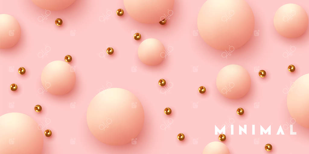 کره‌های واقع‌گرایانه با پس‌زمینه‌ای انتزاعی و عناصر سه‌بعدی: پترن اشیاء هندسی دایره‌ای، توپ‌های گرد به رنگ صورتی پاستلی نرم و مهره‌های طلایی. تصویرسازی وکتور
