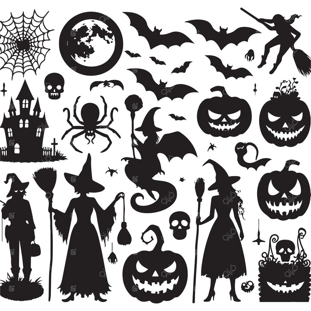 مجموعه وکتور رایگان سیلوئت‌های هالووین با طرح دستی در پس‌زمینه سفید