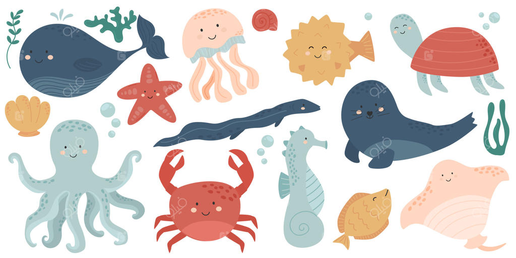 ماهی‌ها و حیوانات دریایی وحشی بر روی پس‌زمینه سفید جدا شده‌اند. ساکنان دنیای دریا، موجودات بانمک و خنده‌دار زیر آب مثل دلفین، کوسه، خرچنگ‌های دریایی، لاک‌پشت‌های دریایی و میگو. تصویرسازی کارتونی ساده و زیبا.