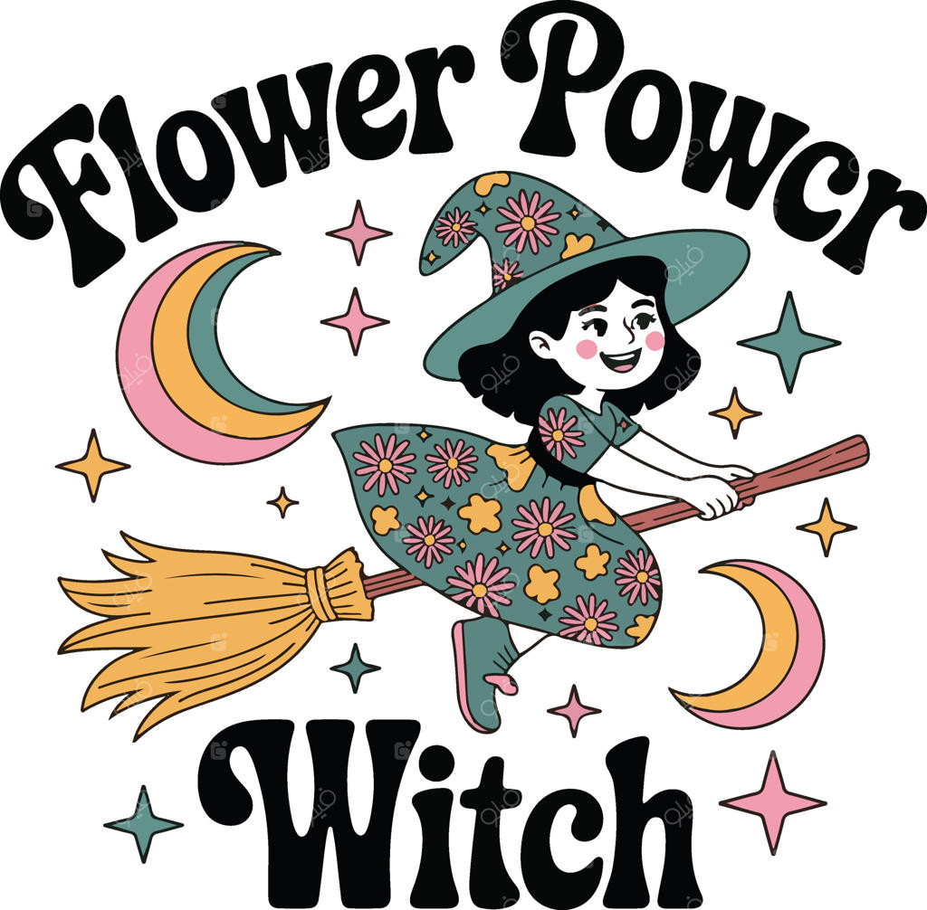 جادوگر گل‌قدرت سوار بر جاروی پرنده - طرح بوهو قدیمی برای تی‌شرت و محصولات چاپ‌شونده هالووین