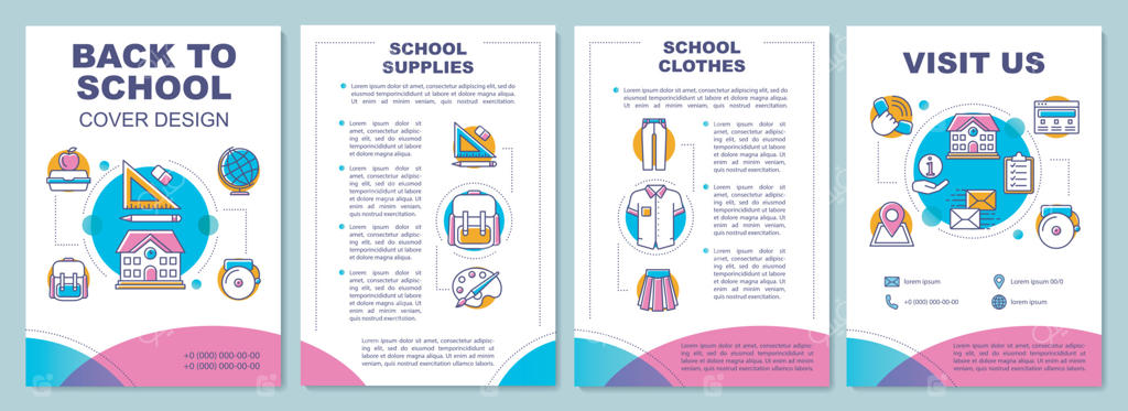 قالب بروشور سیستم آموزشی و بازگشت به مدرسه؛ طراحی تراکت، کتابچه و لیفلت با تصویرسازی‌های خطی، چیدمان وکتور صفحات برای مجله، گزارش سالانه و پوستر تبلیغاتی