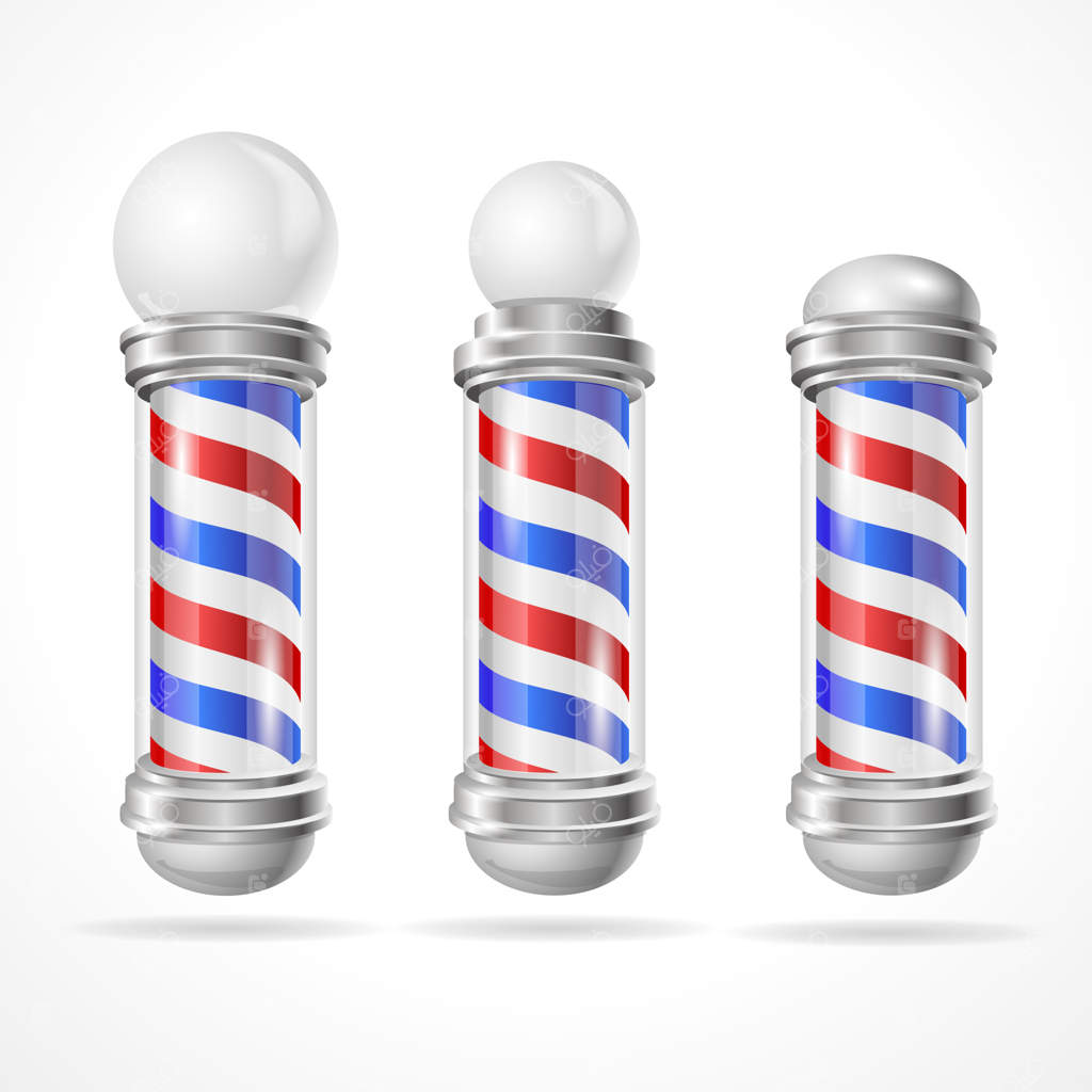 مجموعه‌ای از تیرک‌های کلاسیک آرایشگری بر روی پس‌زمینه سفید