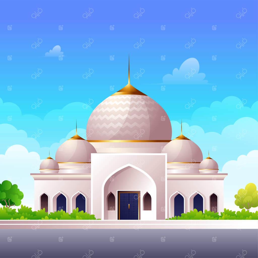 تصویر کارتونی مسجد کنار بزرگراه با چمن سبز و آسمان آبی