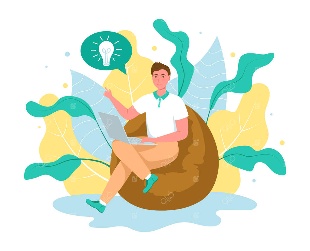 پسر جوان و جذاب نشسته بر روی صندلی راحت بدون قاب با لپ‌تاپ. مفهوم کار آزاد مردانه.