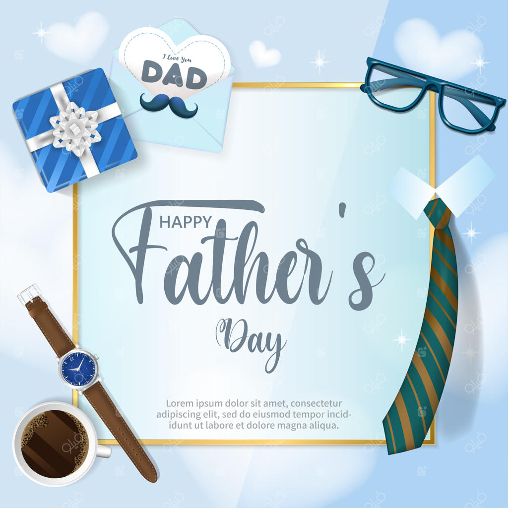 پس‌زمینه روز پدر شاد با پترن نمادین کراوات، ساعت، قهوه، عینک و خودکار