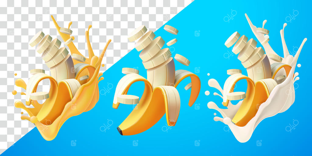 برش‌های موز با پاشش آب‌میوه و شیر تازه: مناسب برای تزئین، دکوراسیون، غذا و نوشیدنی‌ها.