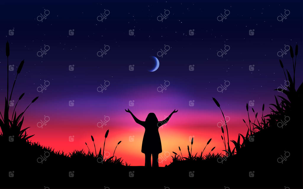 پس‌زمینه طبیعی شب خیال‌انگیز با دختری زیر نور ماه