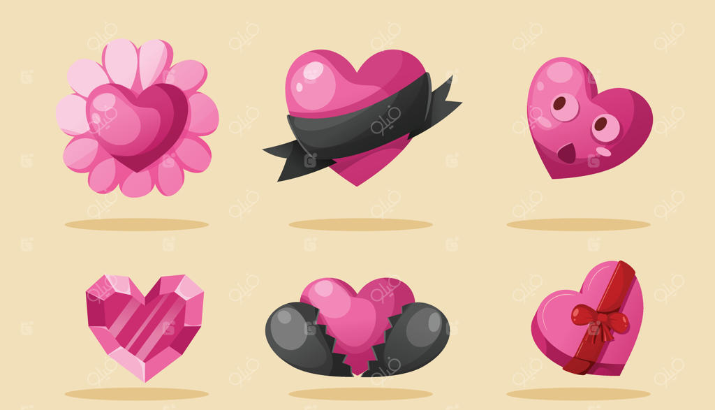 مجموعه‌ای از قلب‌های صورتی با روبان و پاپیون‌ها