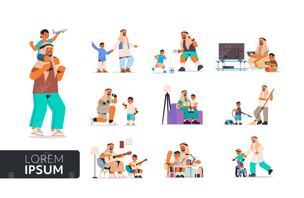 پدر عرب در حال گذراندن وقت با پسر کوچک خود - مفهوم پدری و تربیت فرزند در خانواده صمیمی عربی - پدر و فرزند شاد در حال تفریح - تصویر وکتور افقی