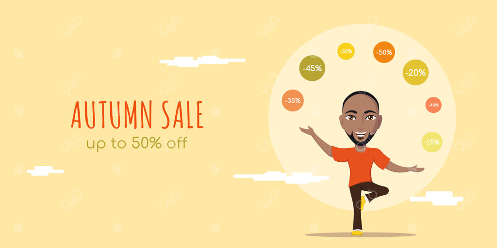 بنر مفهومی فروش پاییزی به سبک مینیمال - شخصیت بامزه ای که با علائم تخفیف بازی می‌کند.