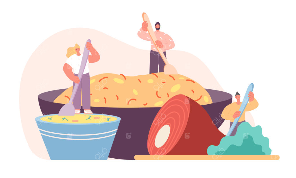 مفهوم آشپزی: آدمک‌های کارتونی در حال خوردن یک صبحانه یا نهار بزرگ در کاسه - لذت از تهیه وعده غذایی خانگی