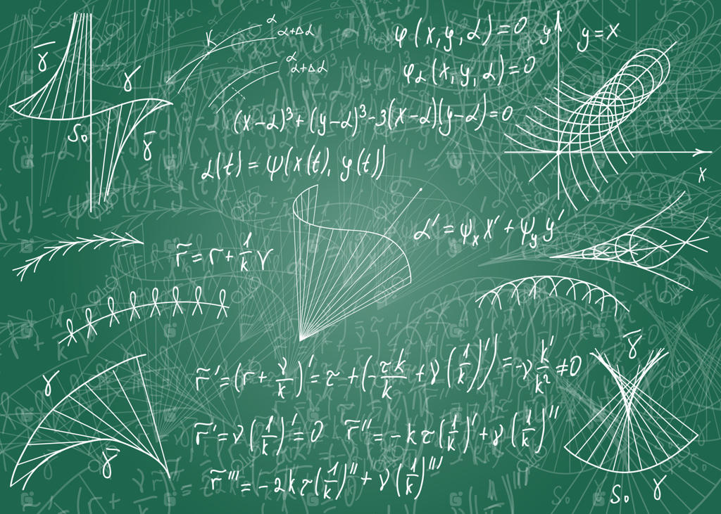 فرمول‌های ریاضی دست‌نویس روی تخته‌سیاه سبز نامرتب برای پس‌زمینه. تصویر برداری شده