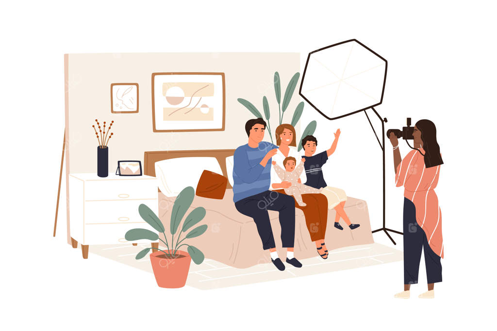 پشت صحنه عکاسی پرتره خانوادگی: عکاس در حال عکس‌برداری از یک زوج خوشحال به همراه فرزندانشان در استودیو با تجهیزات حرفه‌ای.