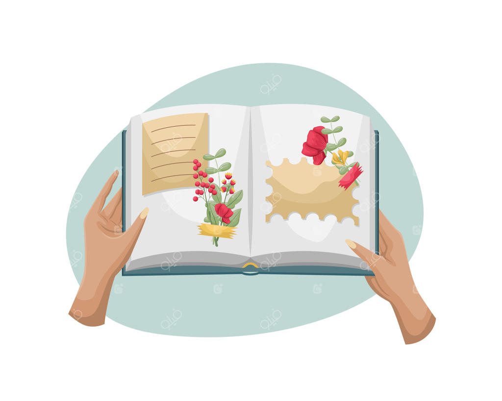 کتابِ باز با یک هرباریوم، دستانِ زن، آلبوم گل‌های خشکیده را در دست دارند.