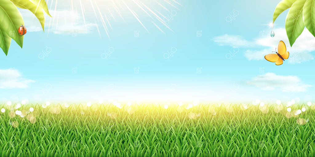 پس‌زمینه شاداب چمن سبز و آسمان آبی در تصویرسازی سه‌بعدی