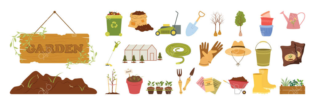 ابزار باغبانی ساده، گیاهان، نرده‌ها و لوازم جانبی برای باغ‌های خانگی