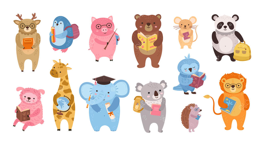 حیوانات باهوش معلم جغد بامزه در مدرسه کارتون آموزشی کتاب‌ها برای کودکان کوچک خوک خنده‌دار خرس پاندا کلیپ‌آرت دقیق وکتور