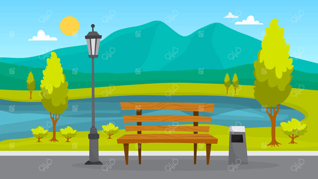 چشم‌انداز پارک شهری: چمن سبز، نیمکت و درختان