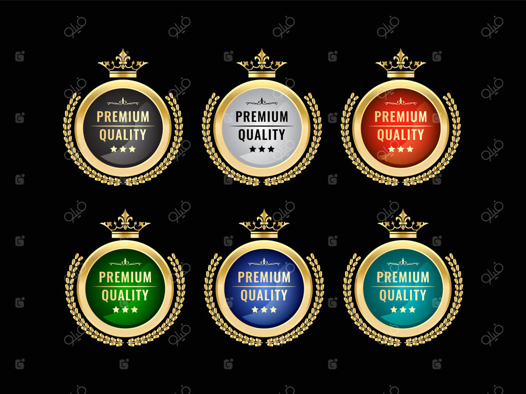 مجموعه‌ای از نشان‌ها و لیبل‌های گرد لوکس سلطنتی طلایی وینتج برای کیفیت و رضایت ممتاز با تاج